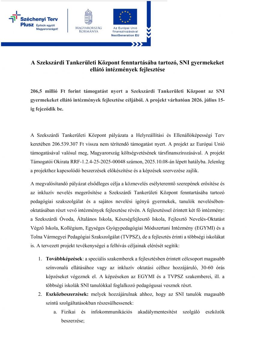 2025–2026 – SNI gyermekeket ellátó intézmények fejlesztése
